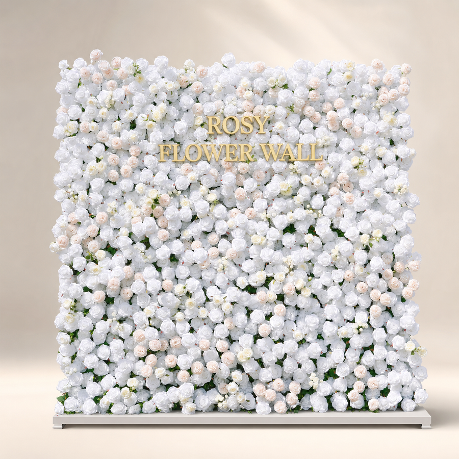 BenBen 5D white and champagne flower wall in warm white studio with gold ROSY FLOWER WALL logo