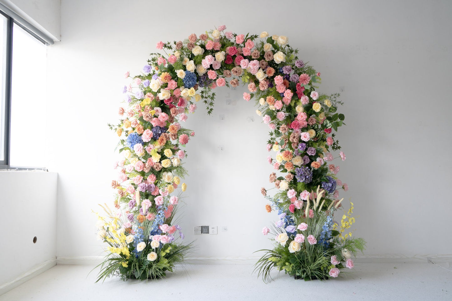 Blue Floral Horn Wedding Arch with Stand for Ceremony & Reception – Bridal Backdrop Decoration, 8.2×7.9 ft