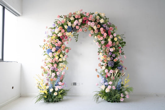 Blue Floral Horn Wedding Arch with Stand for Ceremony & Reception – Bridal Backdrop Decoration, 8.2×7.9 ft