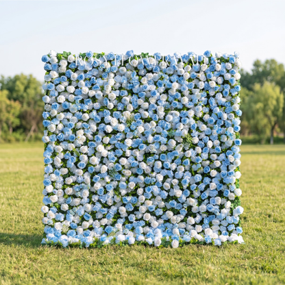 Blue silk flower wall with transparent Rosy Flower Wall logo