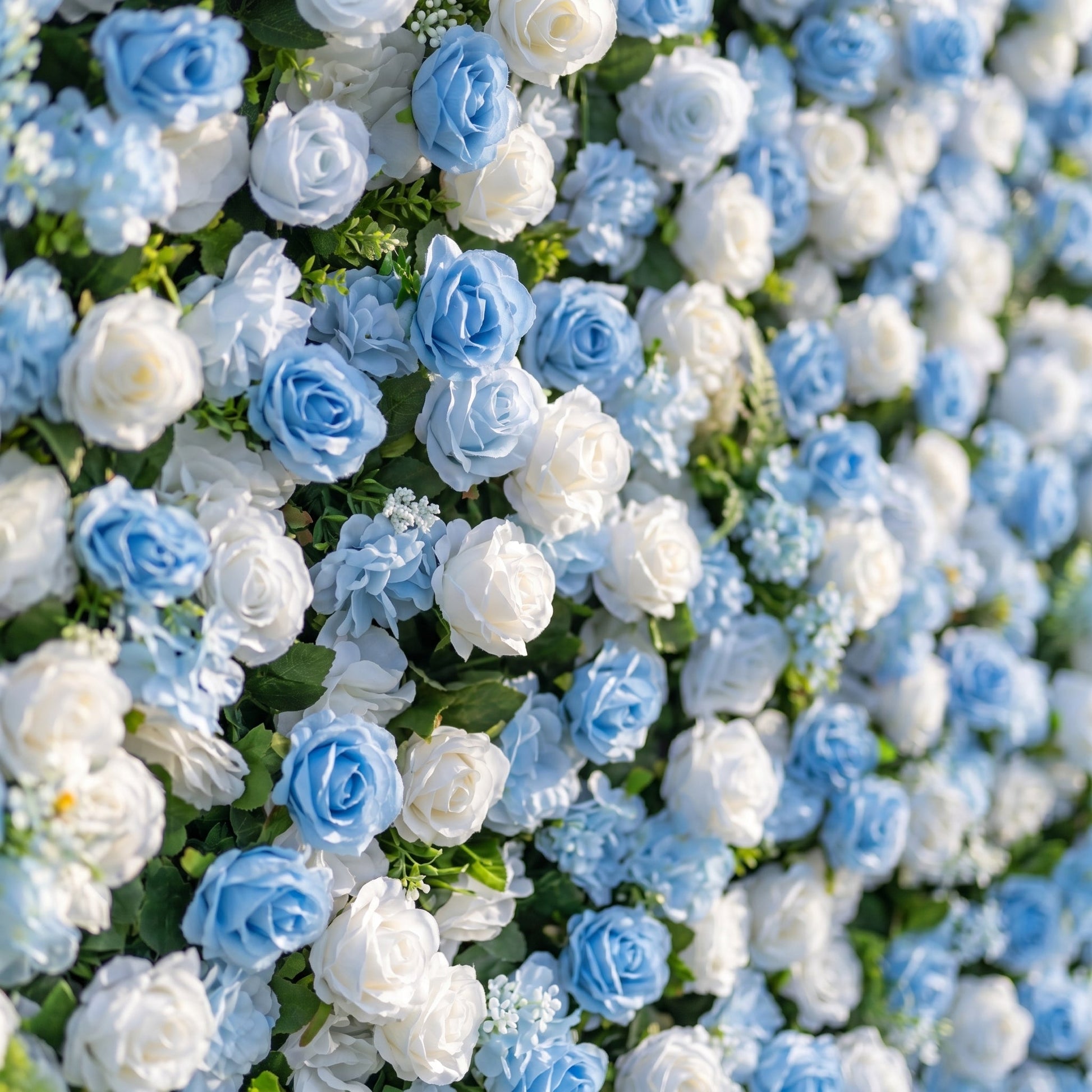 Blue silk flower wall close-up