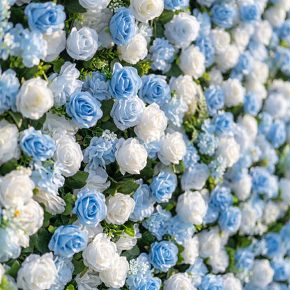 Blue silk flower wall close-up