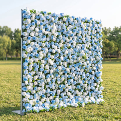 Blue silk flower wall side view