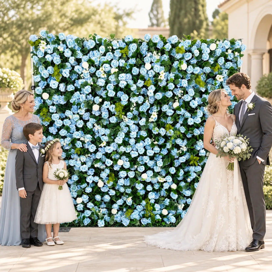 Blue Rose Flower Wall Backdrop – 8 ft × 8 ft in an AI-styled wedding scene