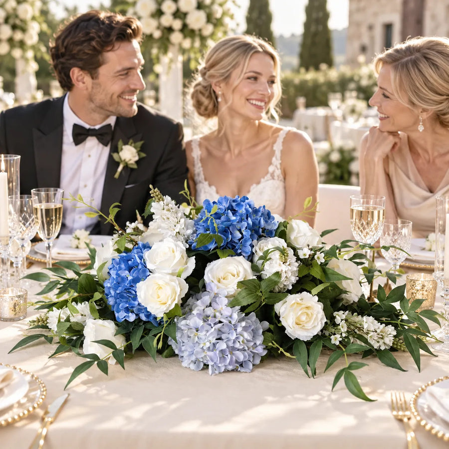 Blue & White Floral Table Arrangement – Wedding Table Decor styled for a wedding celebration