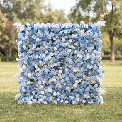 Blue and white rose flower wall with transparent Rosy Flower Wall logo