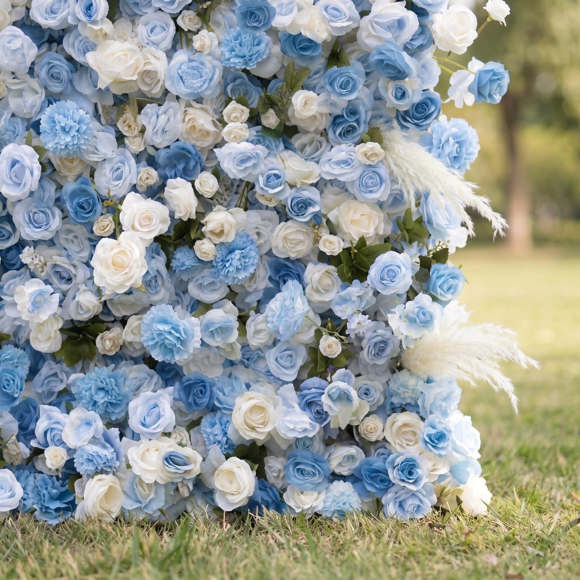 Blue and white rose backdrop detail