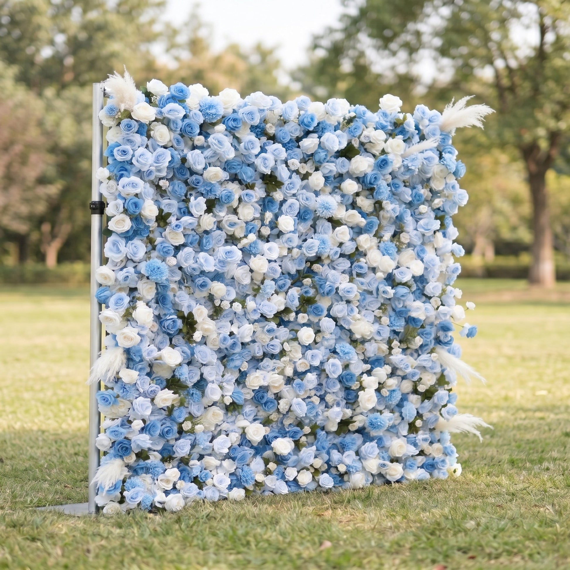 Blue and white rose flower wall side view