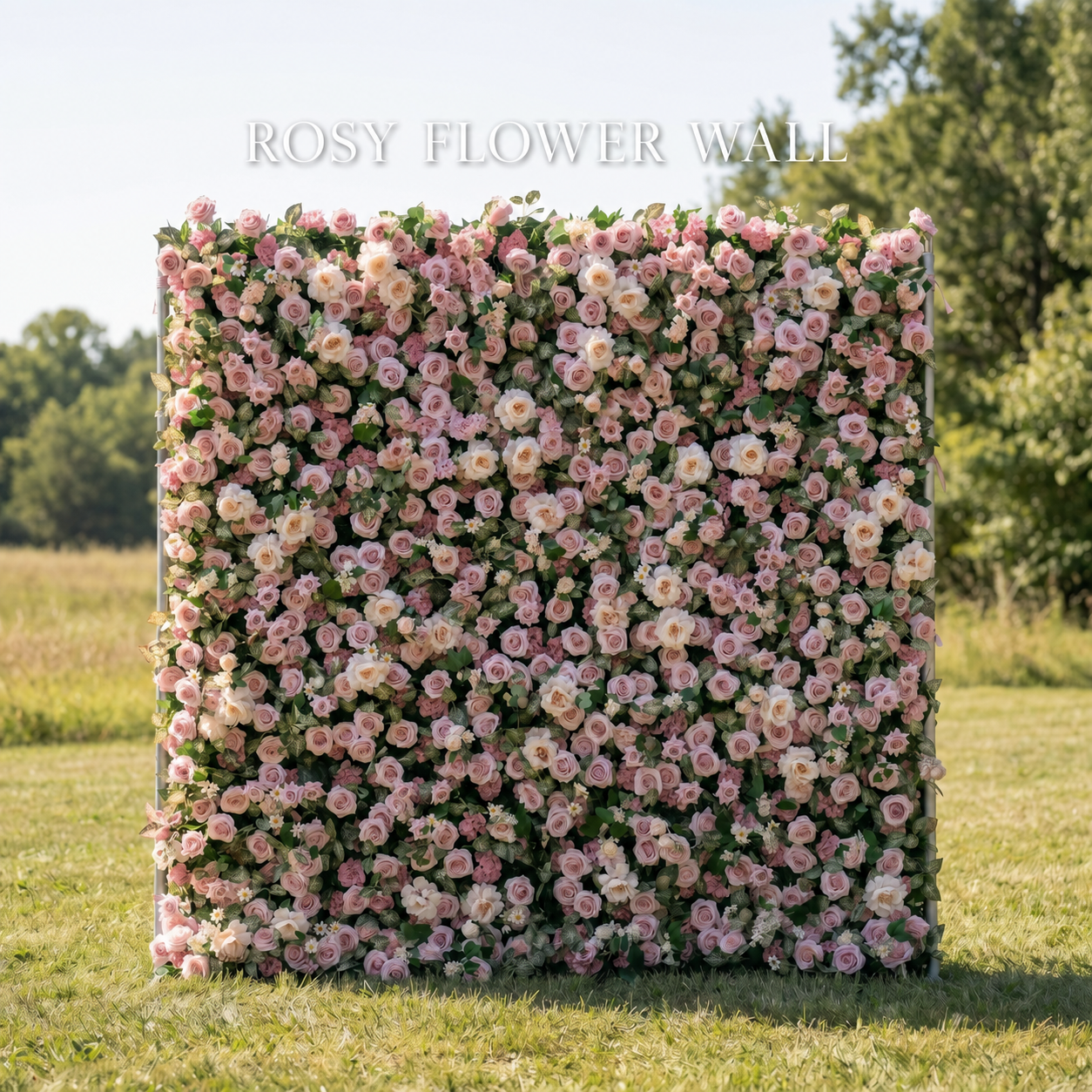 Luxury blush pink garden silk flower wall with Rosy Flower Wall logo