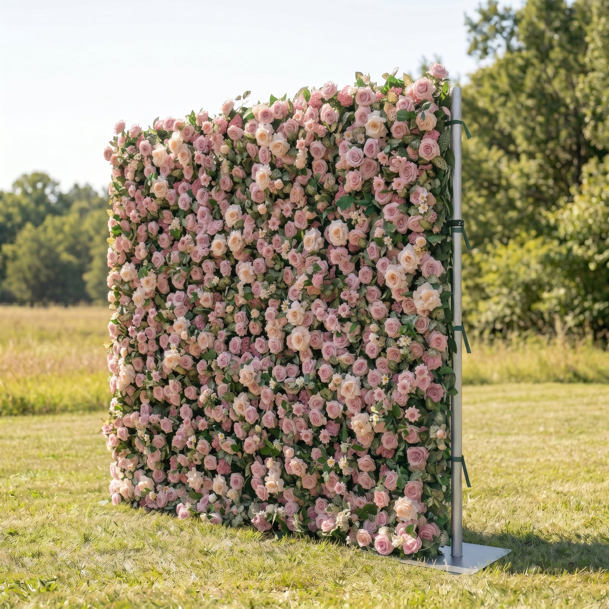 Blush pink garden flower wall side view