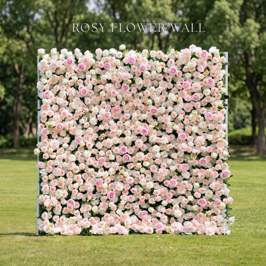 Luxury blush pink and ivory silk flower wall with Rosy Flower Wall logo