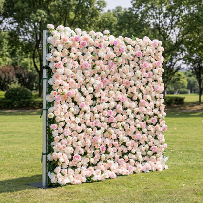 Blush pink and ivory artificial flower wall side view