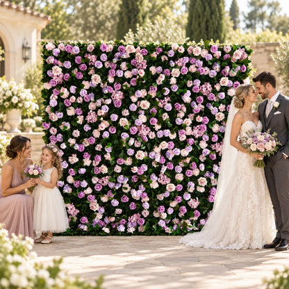 Blush Lavender Rose Flower Wall Backdrop – 8 ft × 8 ft in an AI-styled wedding scene