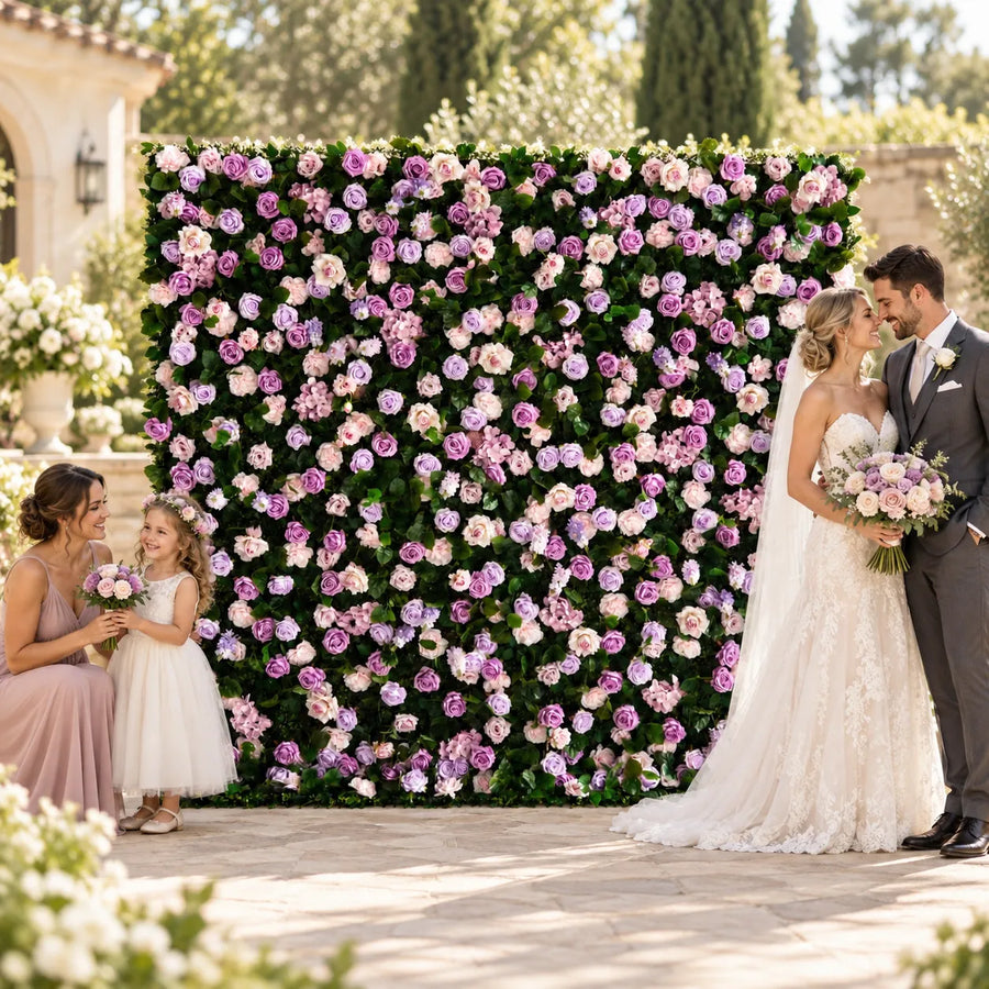 Blush Lavender Rose Flower Wall Backdrop – 8 ft × 8 ft in an AI-styled wedding scene