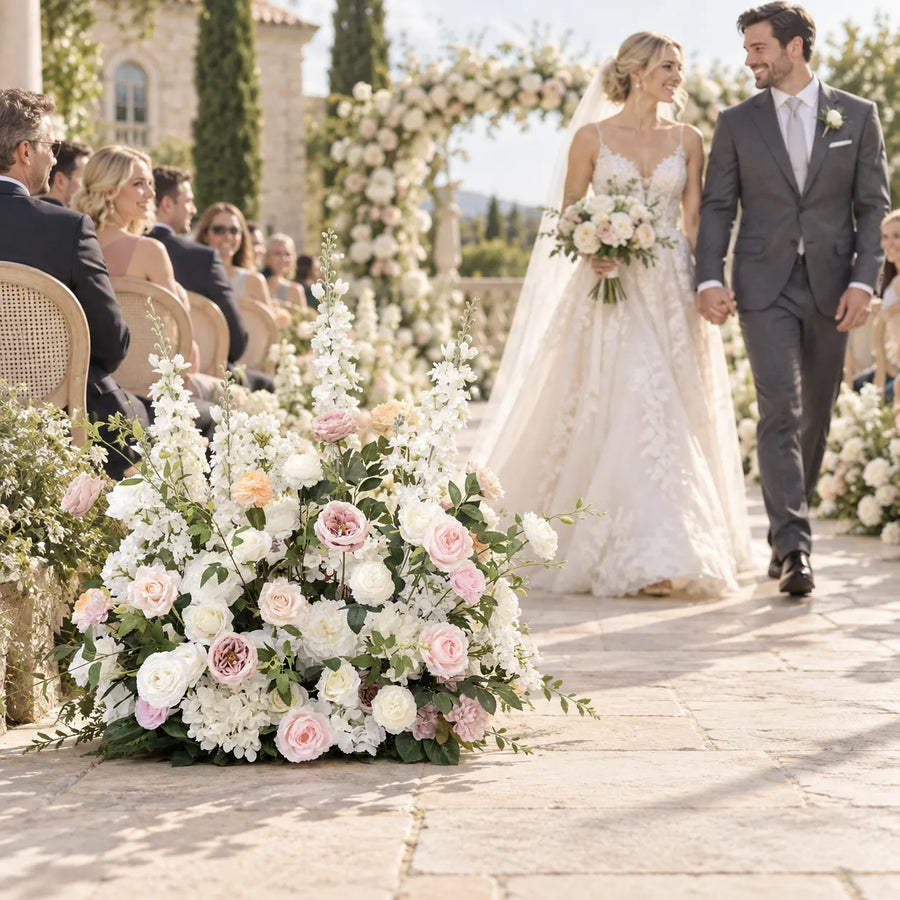 Blush Pink Floral Row – Wedding Aisle Decor styled for a wedding celebration