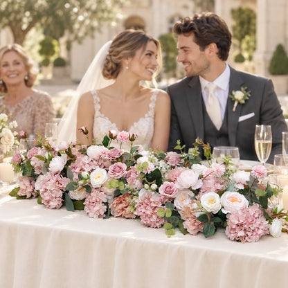 Blush Pink Hydrangea & Rose Artificial Flower Runner in an AI-styled wedding scene