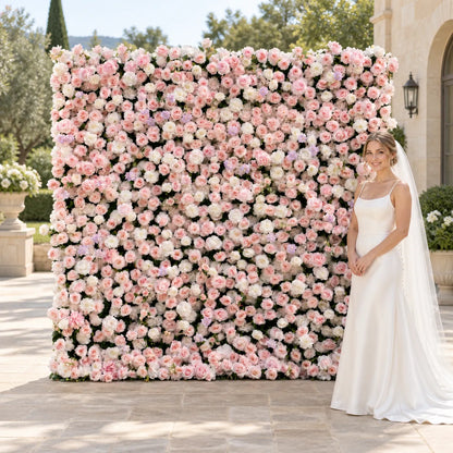 Blush Pink & Ivory Rose 3D Artificial Flower Wall Backdrop in an AI-styled wedding scene
