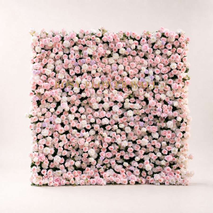 Blush pink and ivory rose 3D flower wall on warm ivory studio background with gold Rosy Flower Wall logo