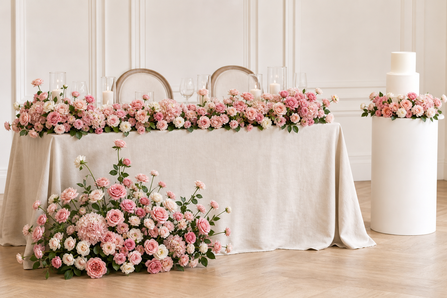 Blush pink loose artificial flower kit arranged across a sweetheart table, floor display and cake table