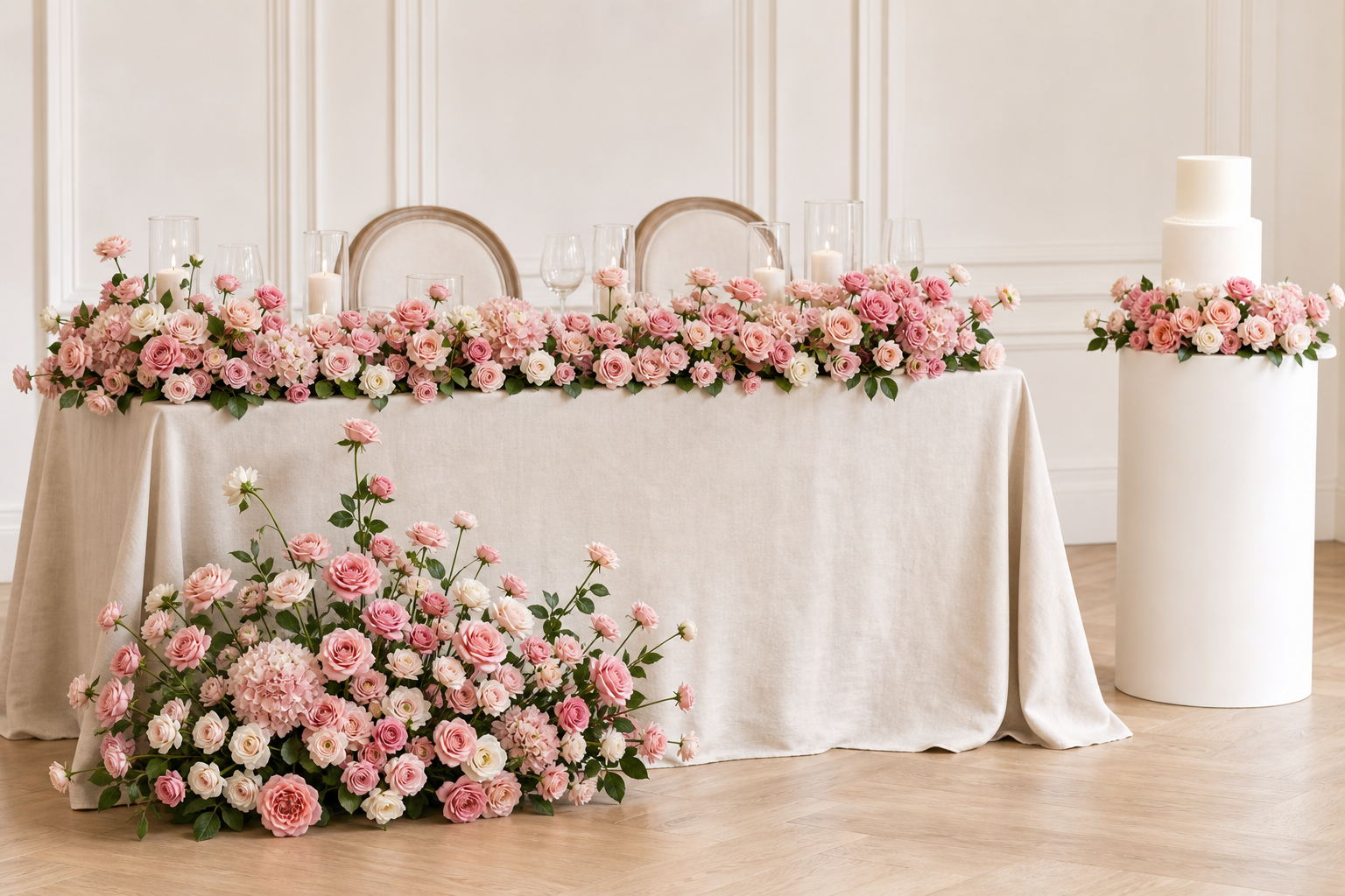 Blush pink loose artificial flower kit arranged across a sweetheart table, floor display and cake table