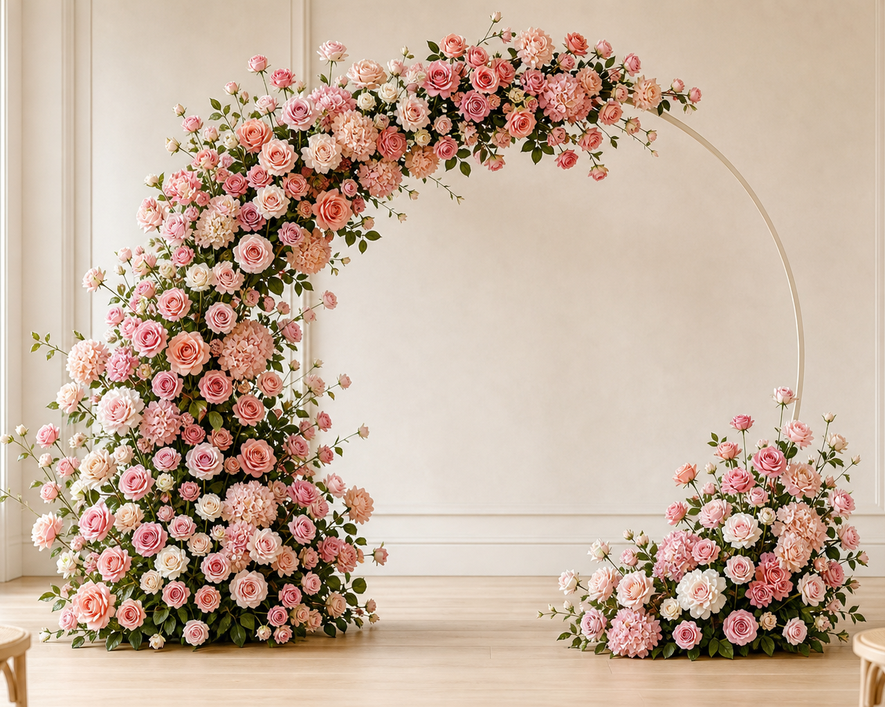 Blush pink loose artificial flower kit arranged on a large wedding ceremony arch