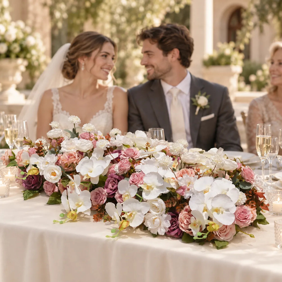 Blush Rose, White Orchid & Hydrangea Artificial Flower Runner in an AI-styled wedding scene