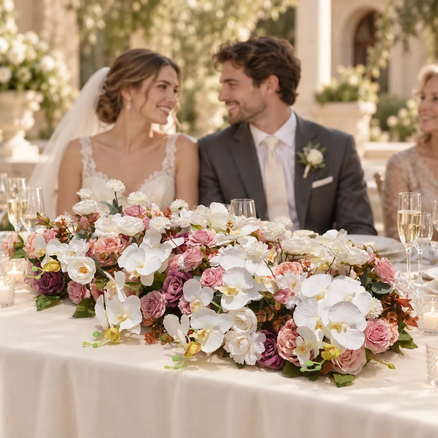 Blush Rose, White Orchid & Hydrangea Artificial Flower Runner in an AI-styled wedding scene