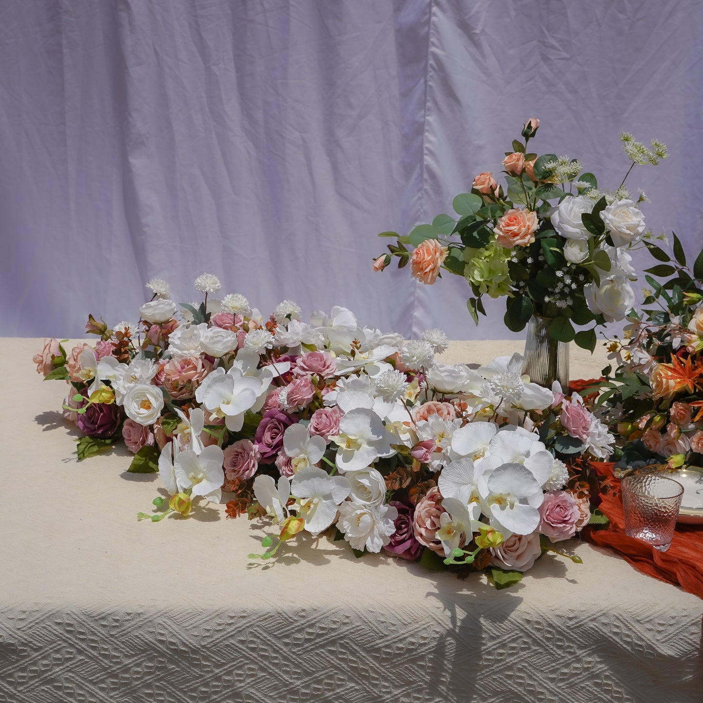Blush rose white orchid and hydrangea artificial flower runner