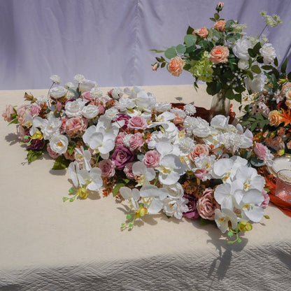 Blush and white artificial flower runner for wedding tables
