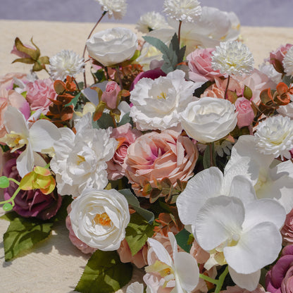 Romantic blush white and mauve silk flower runner detail