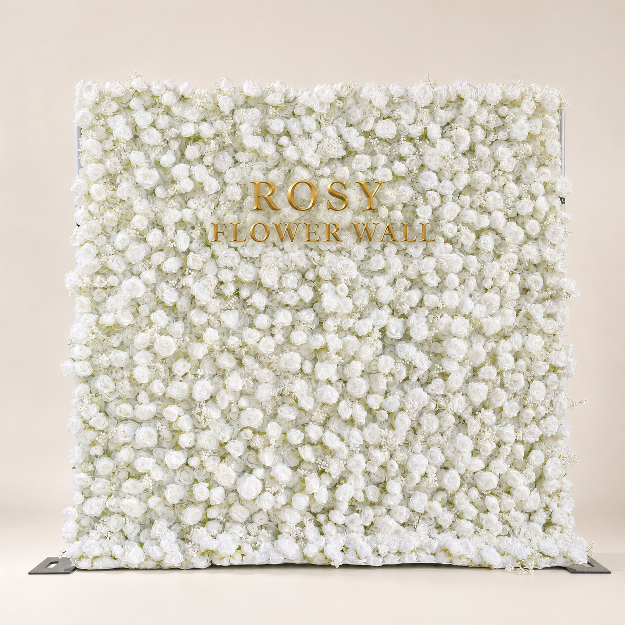Breath 5D white rose flower wall in warm white studio with gold ROSY FLOWER WALL logo