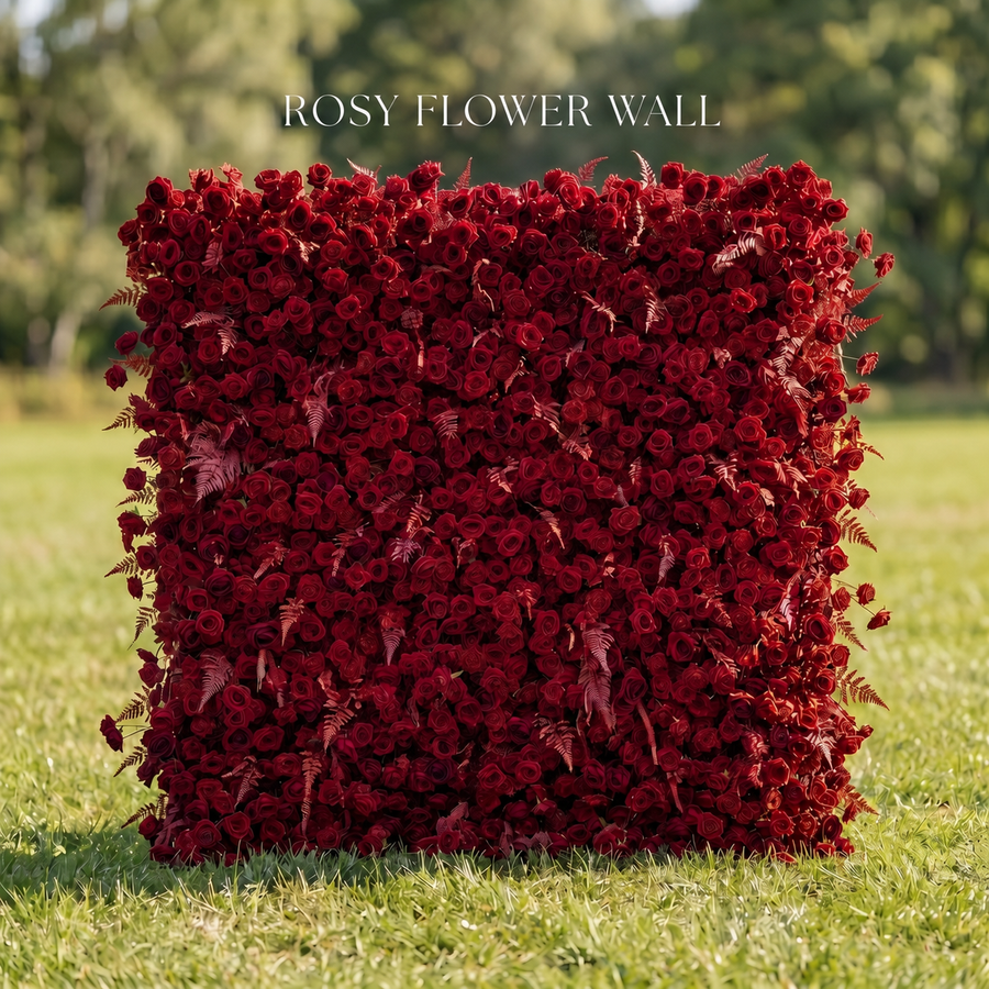 Luxury burgundy red silk flower wall with Rosy Flower Wall logo