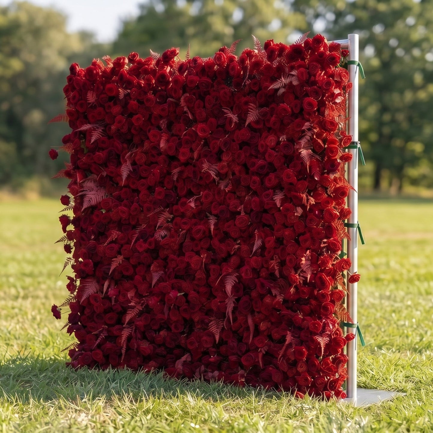 Burgundy red artificial flower wall side view