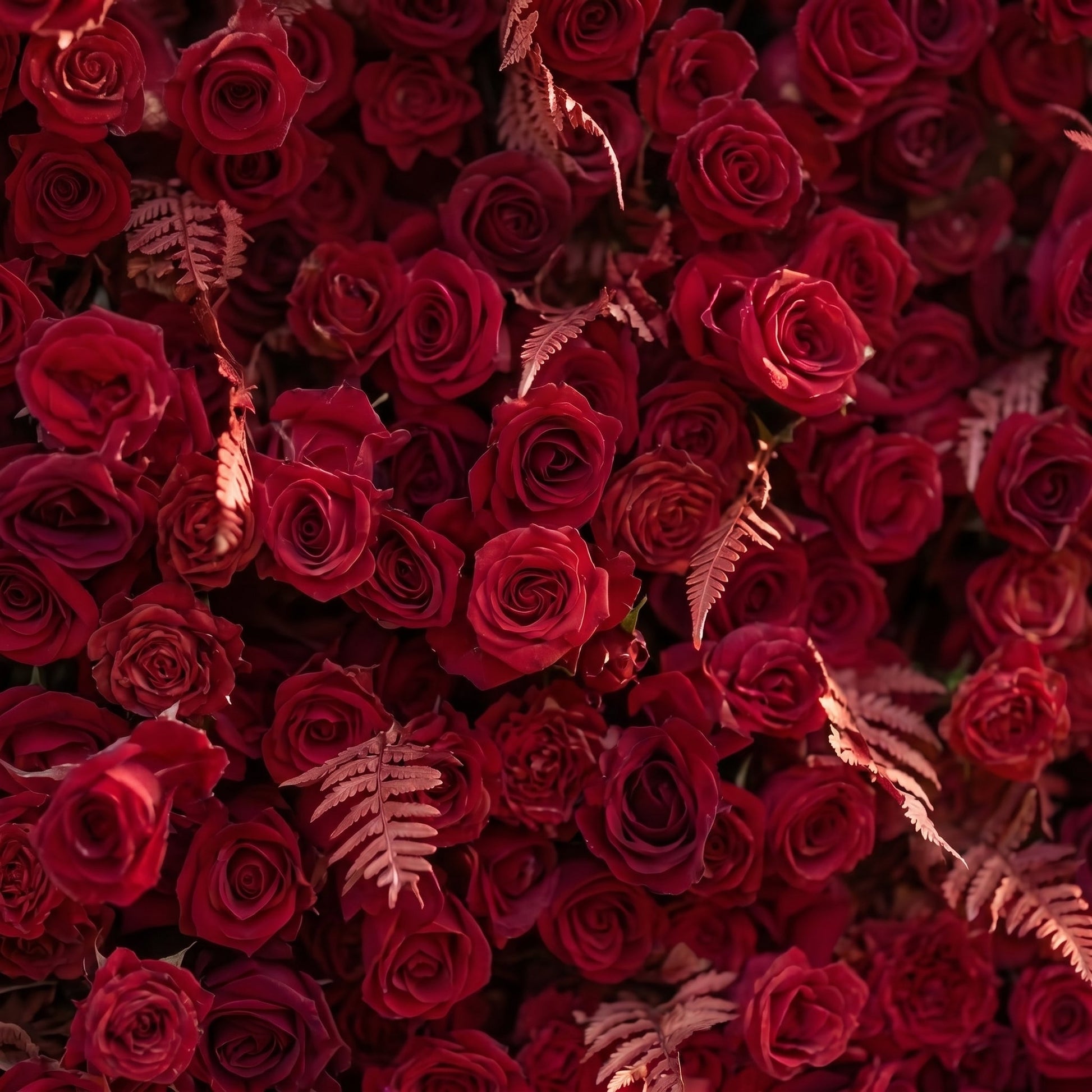 Deep red silk rose flower wall close-up