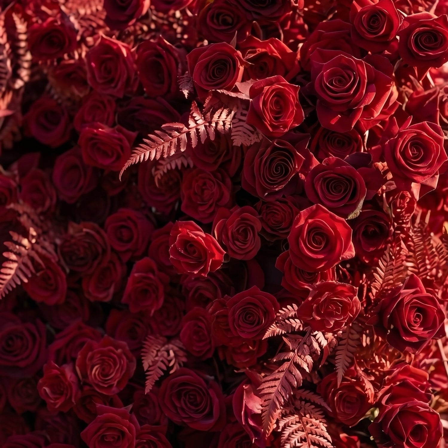 Red rose and fern flower wall detail