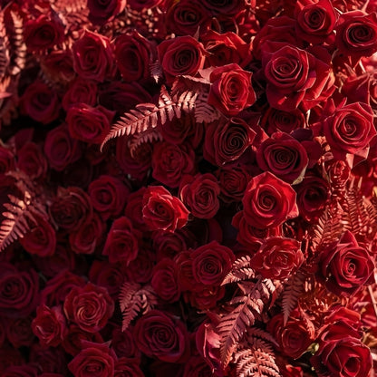 Red rose and fern flower wall detail
