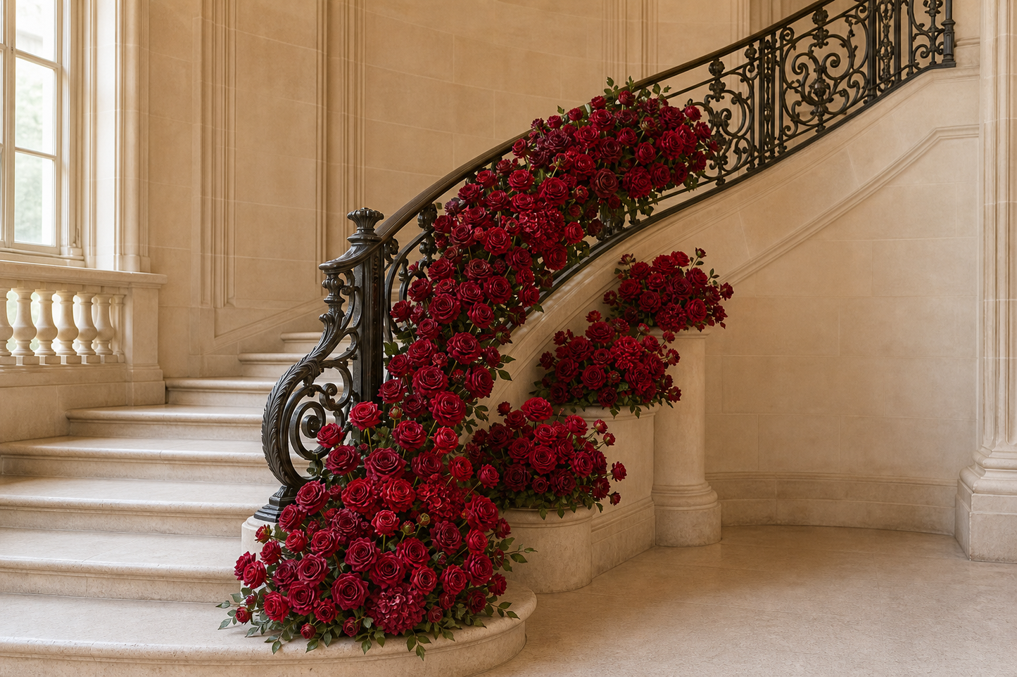 Burgundy red loose flower kit styled along a grand wedding staircase