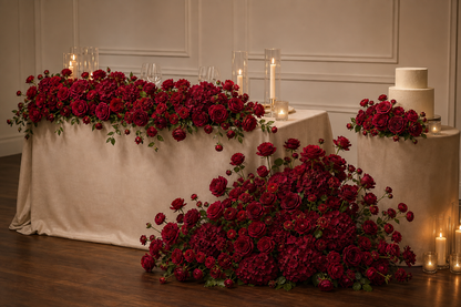 Burgundy red loose artificial flower kit arranged across a sweetheart table, floor display and cake table