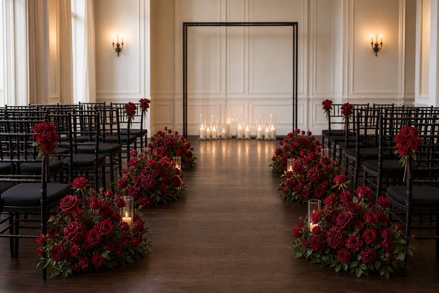 Burgundy red loose flower kit styled as wedding aisle and chair decorations