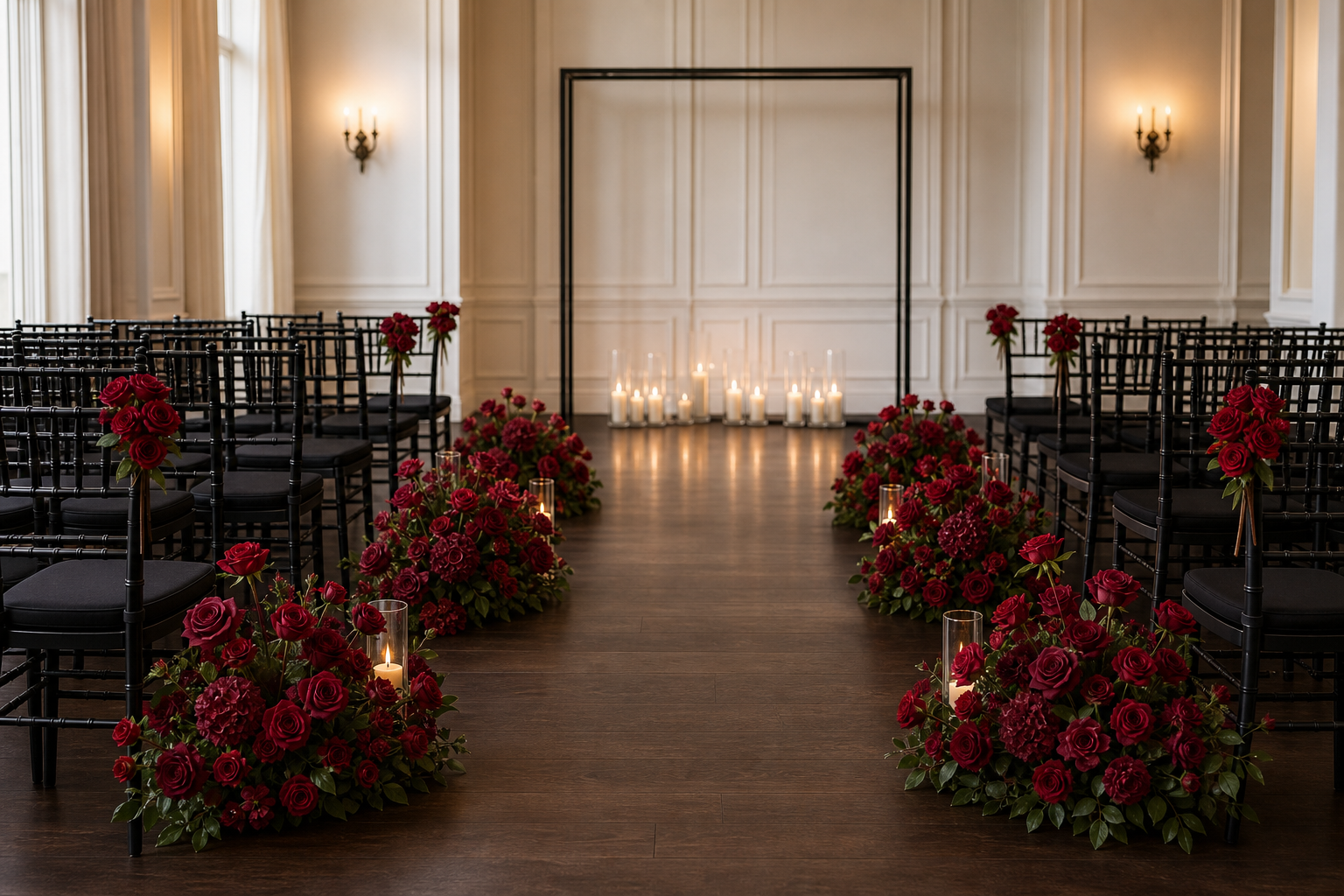 Burgundy red loose flower kit styled as wedding aisle and chair decorations