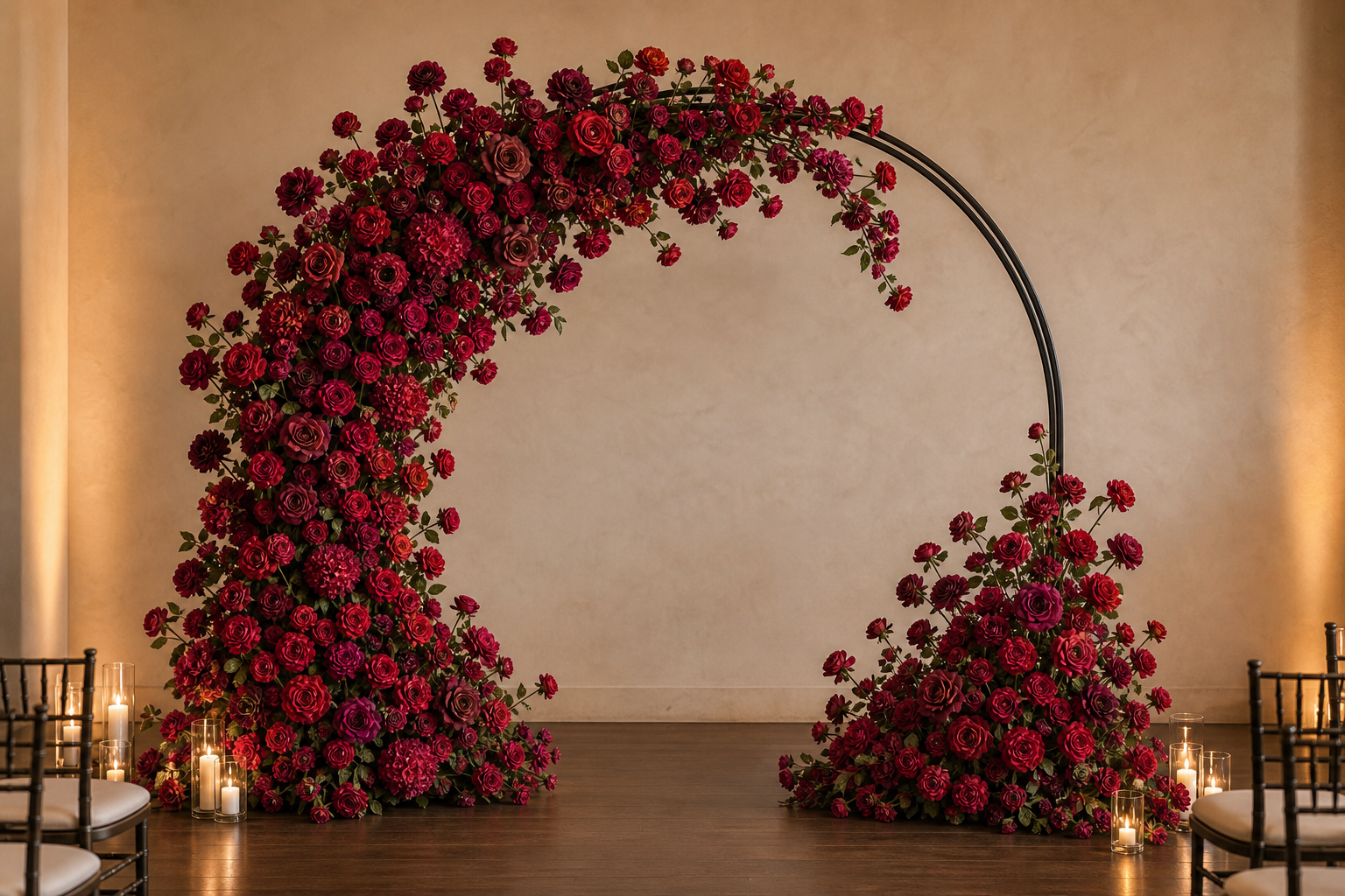 Burgundy red loose artificial flower kit arranged on a large wedding ceremony arch