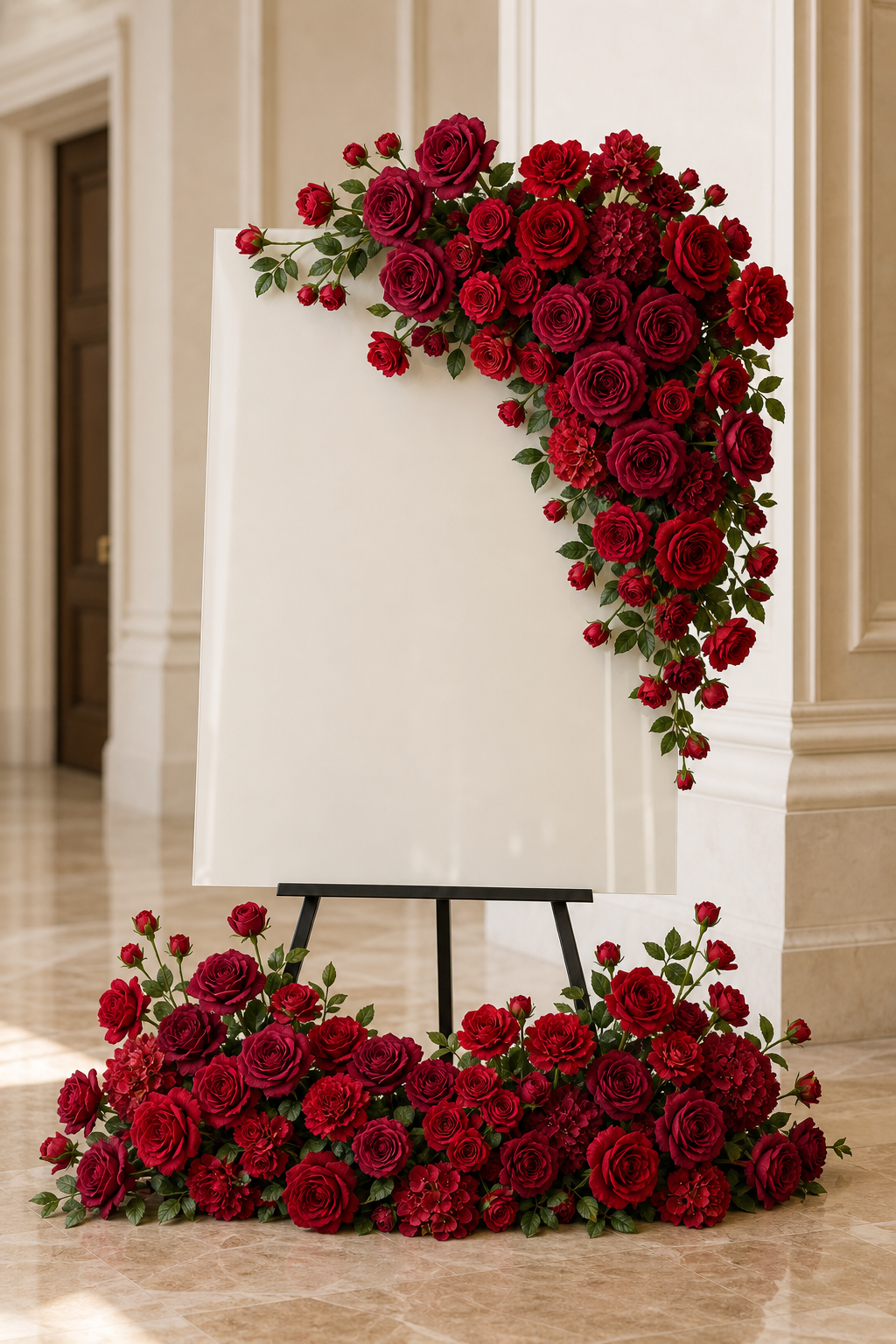 Burgundy red loose flower kit styled on a wedding welcome sign and ground arrangement