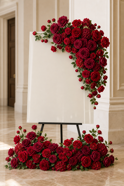 Burgundy red loose flower kit styled on a wedding welcome sign and ground arrangement