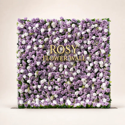 Artificial flower wall front view with gold Rosy Flower Wall logo on warm white background