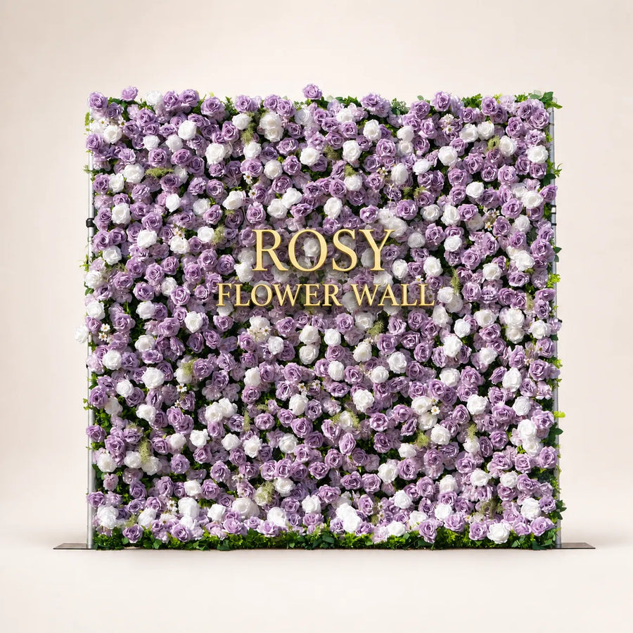 Artificial flower wall front view with gold Rosy Flower Wall logo on warm white background