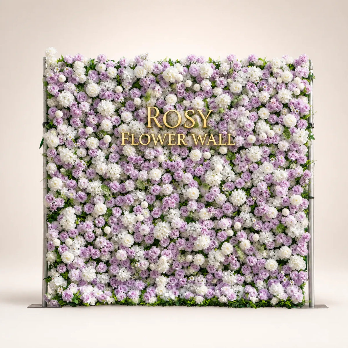 Artificial flower wall front view with gold Rosy Flower Wall logo on warm white background