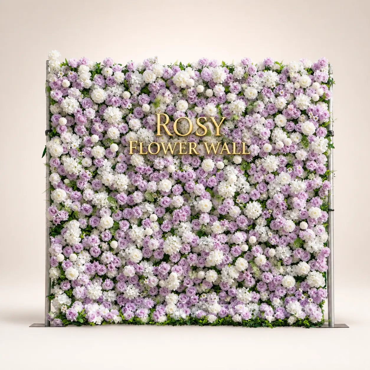 Artificial flower wall front view with gold Rosy Flower Wall logo on warm white background