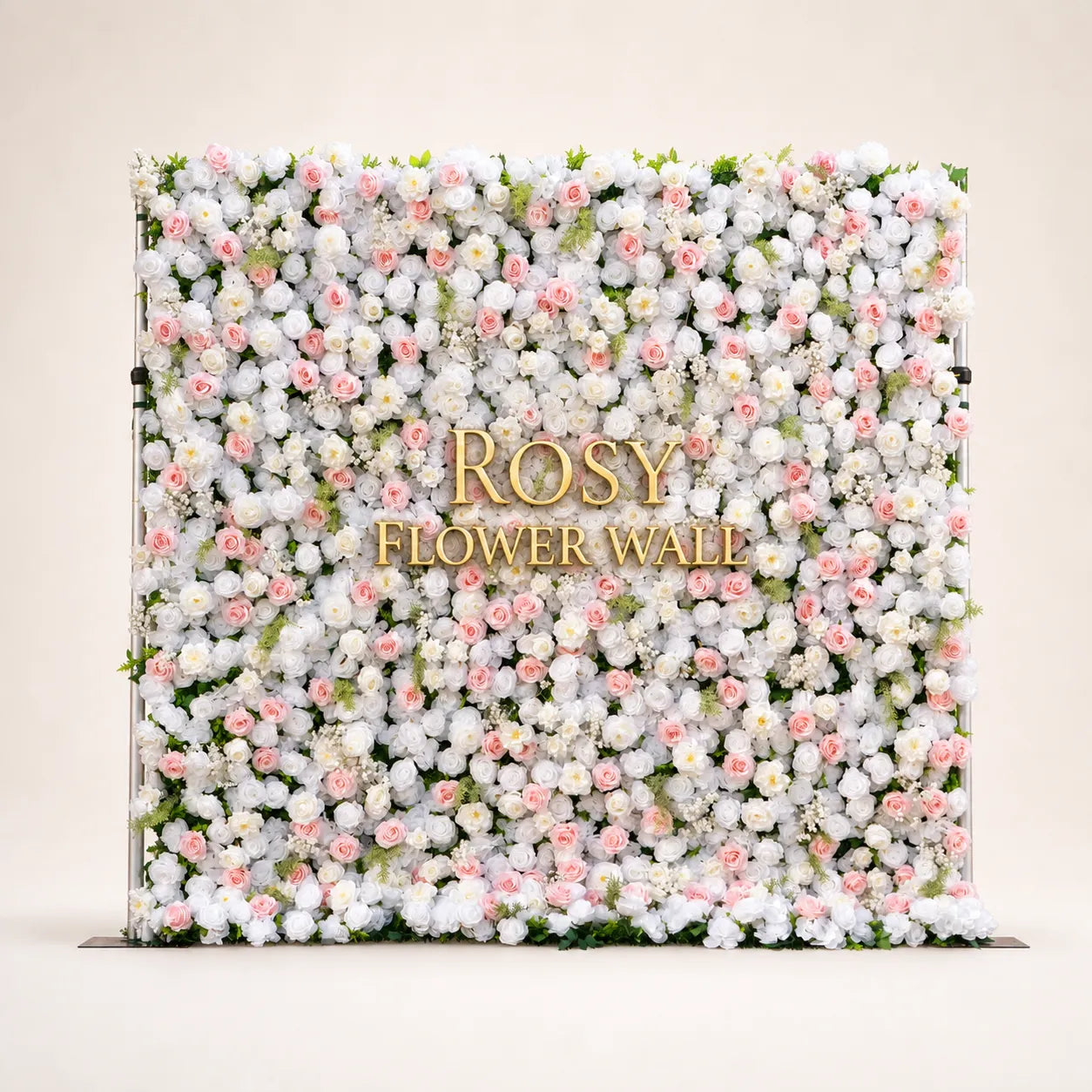 Artificial flower wall front view with gold Rosy Flower Wall logo on warm white background