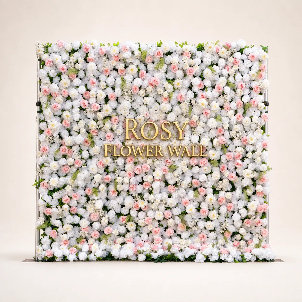 Artificial flower wall front view with gold Rosy Flower Wall logo on warm white background