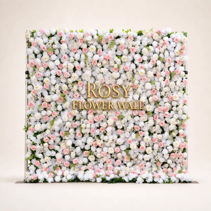 Artificial flower wall front view with gold Rosy Flower Wall logo on warm white background